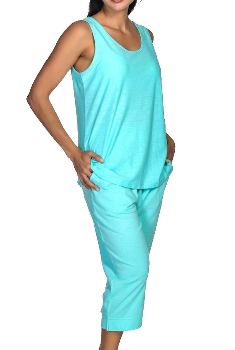 Women's Pajama Set Cotton Aqua Blue Tank Top and Capri Lounge