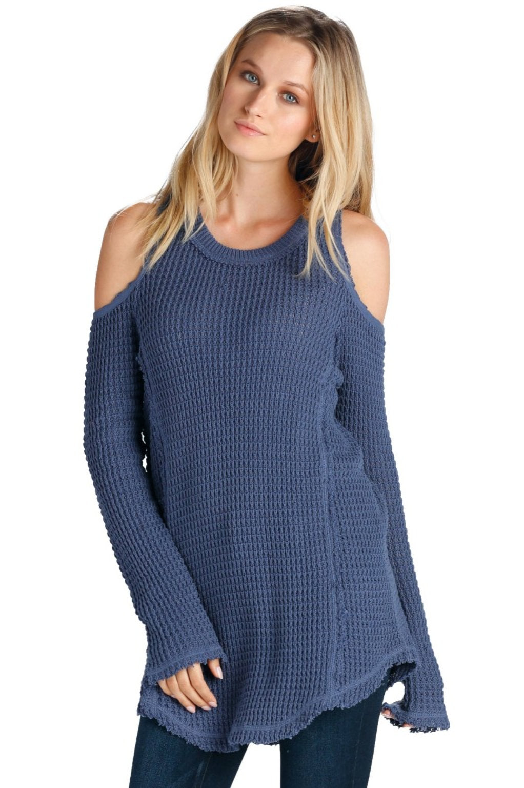 Elan Sweater Cold Shoulder Cotton Waffle Knit Tunic Length Nyteez