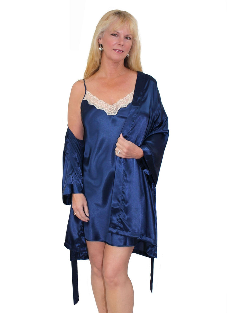 Shadowline Women's Nightgown and Robe Pajama Set Silky Satin and Lace –  Nyteez