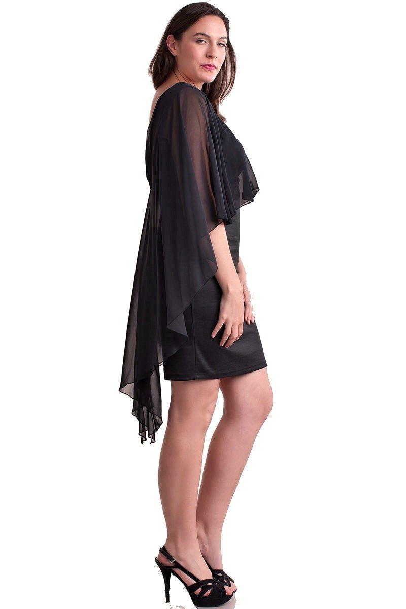 Short Black Dress with Attached Chiffon Cape Plus Size – Nyteez